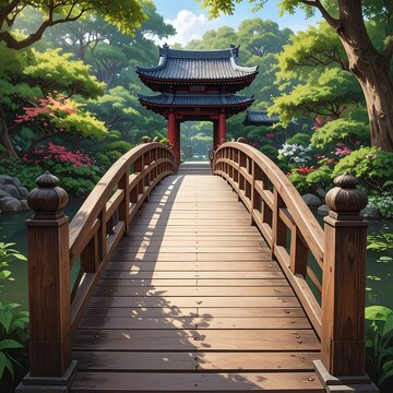 A serene wooden bridge leading to a pagoda in a lush garden