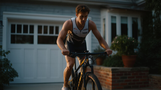 Triathlon transition practice in backyard driveway, bike mounted on trainer, wetsuit draped nearby, methodical repetition of movements and sequences, perfect for race preparation training, home athl