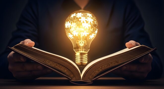 Lit light bulb filled with glowing puzzle pieces sitting on open vintage book over dark background symbolizing problem solving logical thinking education complexity and completion of complex ideas