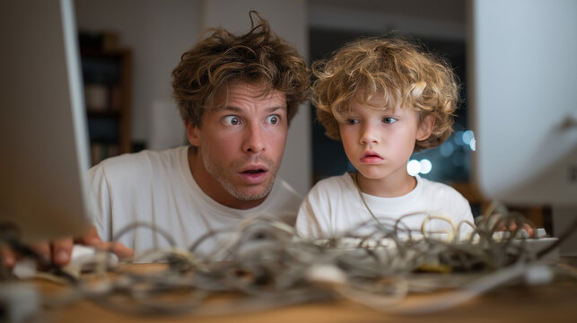 Father explains dial-up internet modem sounds to confused young son using old desktop computer in home office, tangled phone cords visible on wooden desk, perfect for technology evolution, parenting