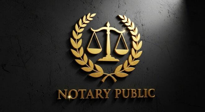 A prominent golden "Notary Public" logo featuring scales of justice is set against a dark textured background.