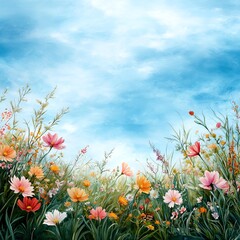 Obraz premium Vibrant flowers against a serene blue sky.