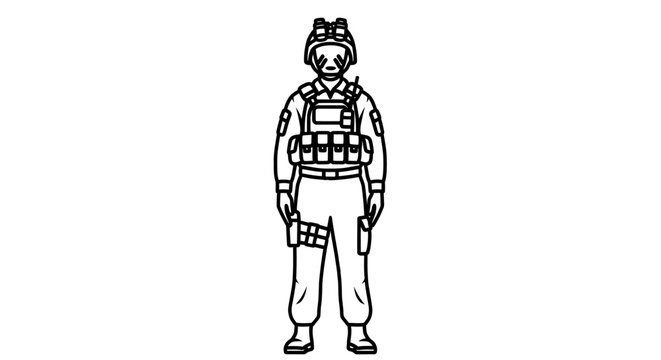 Soldier in tactical gear, front view, outline illustration