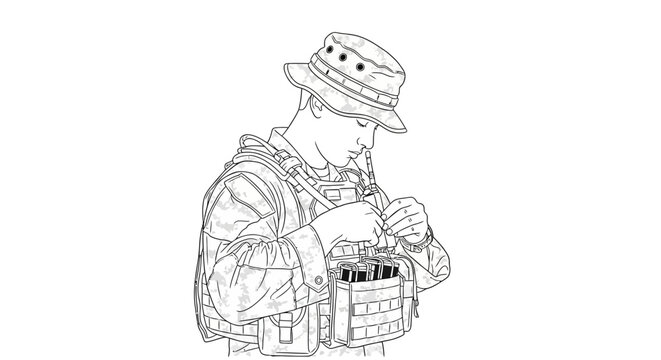 Soldier in tactical gear and boonie hat adjusting equipment, military training, focused soldier