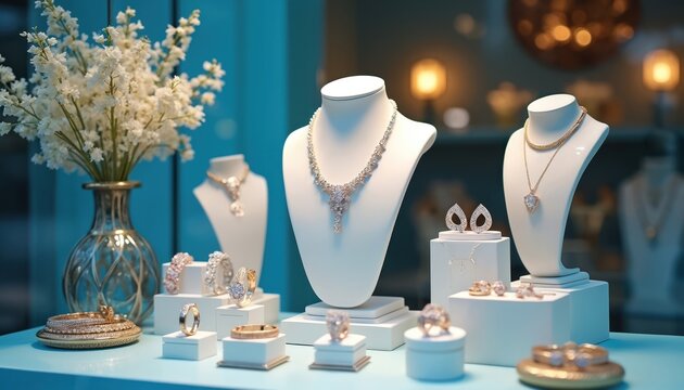 Elegant jewelry display in store window. Necklaces, earrings, rings, bracelets sparkle. White flowers add luxury. Luxury retail window showcases fine jewelry and precious gems.