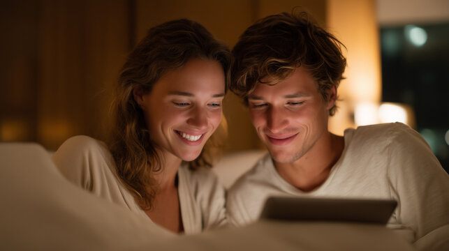 Couple planning anniversary trip using AI-powered travel recommendation engine on tablet in bed, personalized destination suggestions based on shared interests displayed, perfect for relationship le