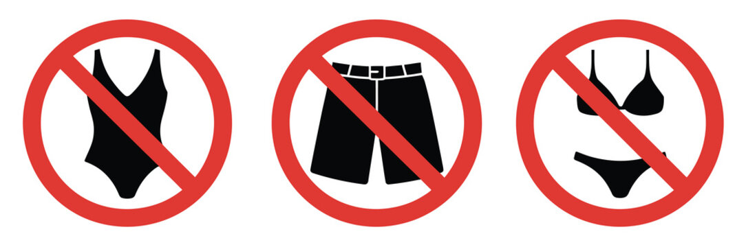 No swimwear prohibition sign illustration, warning symbol banning bikini, shorts, and swimsuit for safety, hygiene, and facility regulations.