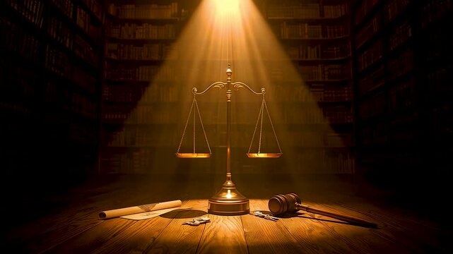Brass Scales Of Justice On Wooden Floor Surrounded By Old Books Gavel And Papers Under Dramatic Light Beam
