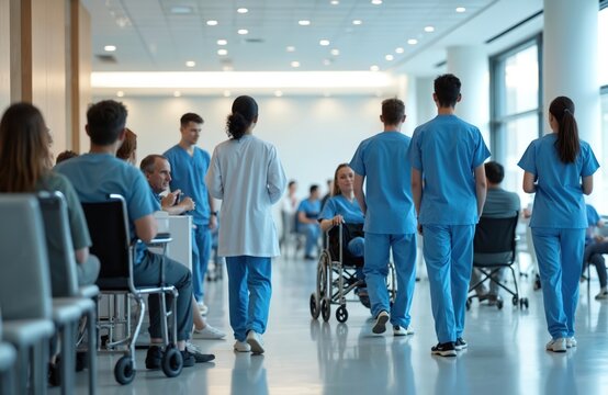 Medical staff in scrubs walk through busy hospital lobby. Patients wait in chairs and wheelchair. People receive healthcare services. Doctors, nurses work indoors.