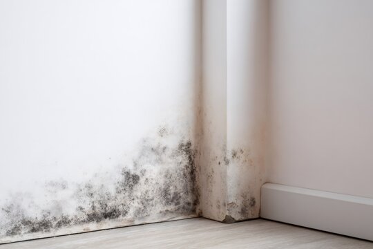 Black mold growing on a damp wall in the corner of a room. Fungus and mildew caused by water damage and humidity. Home interior problem concept