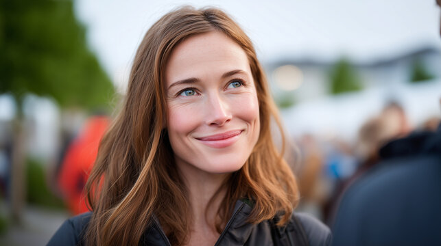 Woman attending first community event after long isolation period, standing at edge of group gathering, tentatively holding conversation with welcoming stranger, ideal for social recovery and modern