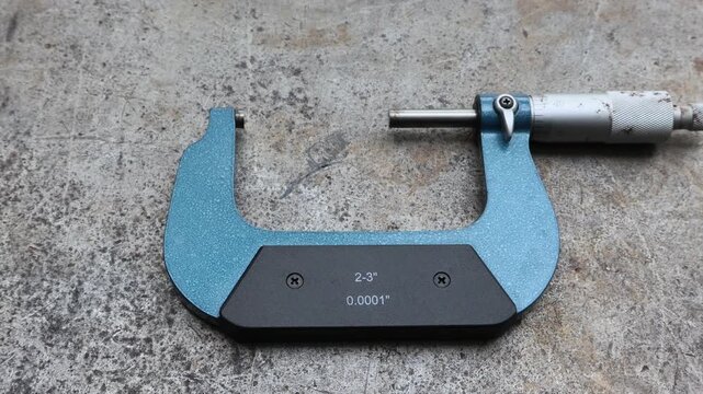 ​Blue precision outside micrometer lying on a grunge metal workbench with copy space. Professional engineering measurement tool for industrial machining and workshop quality control. With copy text.