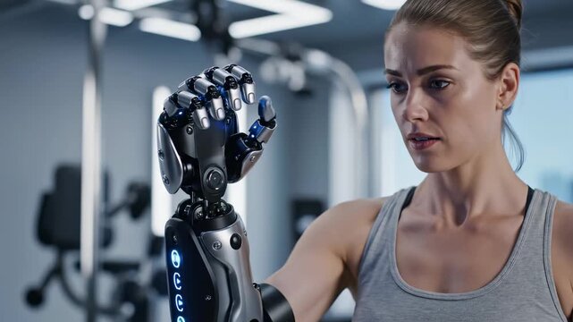 A determined woman engages with her advanced prosthetic arm, discovering its capabilities with focused expression.