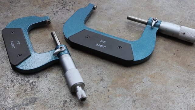 Two vintage blue outside micrometers for 1-2 inch precision measurement lying on a rustic metal workbench. Professional industrial mechanical engineering tools for accurate machining work. With copy s