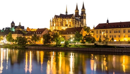 Fototapeta premium A European cityscape at dusk. Tall cathedral, historic buildings, reflected lights in the river. Warm tones, illuminated structures, urban setting