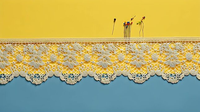 A vibrant composition featuring a contrasting split between yellow and blue. Elegant lace adorns the border. Needles and thread are scattered