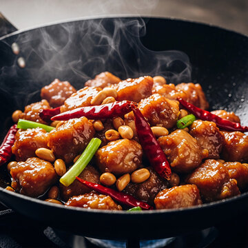 Steaming wok cooked spicy chicken with dried chilies and peanuts
