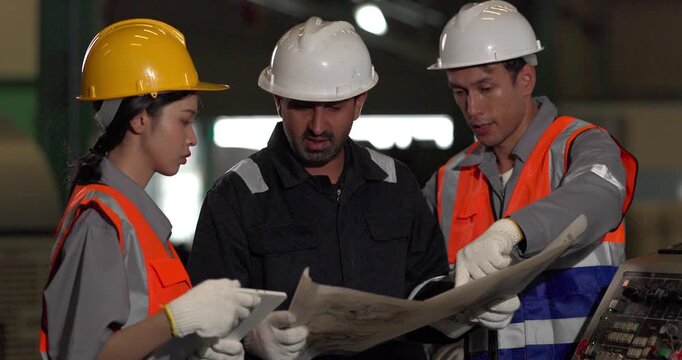 Technicians review an engine parts blueprint and production drawing beside a machine control station in a manufacturing facility, showing planning, supervision, and process verification.
