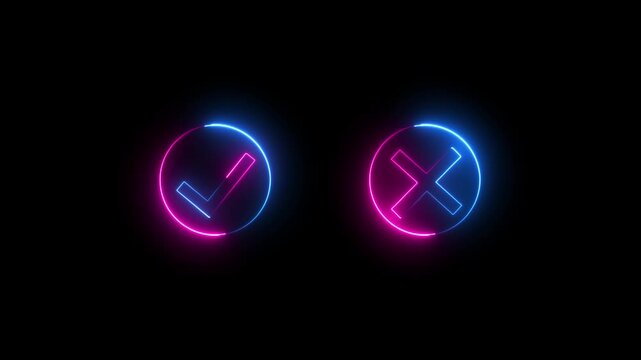 Neon check mark and cross Icon in circle on black background.Tick or check mark and cross mark signs neon icon animation.right and wrong neon icons.