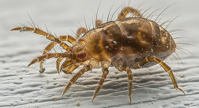 Close-up of a Brown Mite on a White Surface.