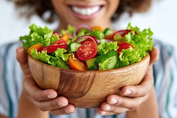 Healthy Eating And Wellness Woman Holding Fresh Salad Bowl With Vegetables Promoting Nutrition Diet And Lifestyle Choices For Health And Well-Being