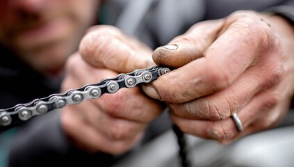 Bike repair and maintenance showcasing a close-up of hands fastening a bicycle chain between a motorcycle.