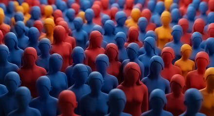 Obraz premium Abstract 3D illustration of diverse faceless human figures in red, blue, and yellow, symbolizing unity, teamwork, and community.