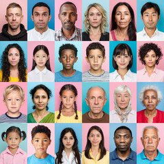 Collage of diverse portraits from all generations as photo id, business and family portraits