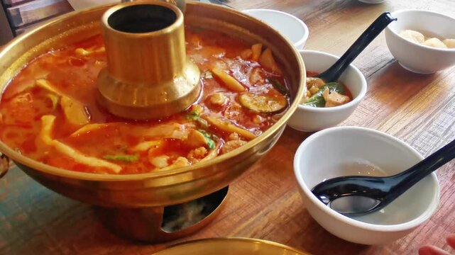 Authentic Thai Tom Yum Soup Served in Traditional Brass Hot Pot with Bowls