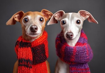 Pet Fashion And Winter Warmth Two Italian Greyhounds Wearing Colorful Knitted Scarves Promoting Pet Clothing And Accessories For Cold Weather Protection, comfort, cuteness, dog, scarf, red