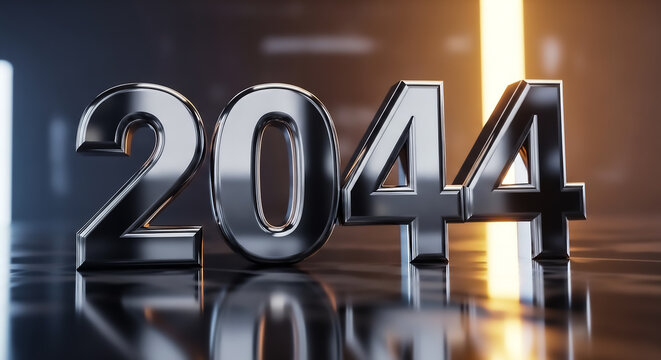 Shiny chrome 2044 digits with reflections, symbolizing future, technology, and new beginnings in a sleek design.
