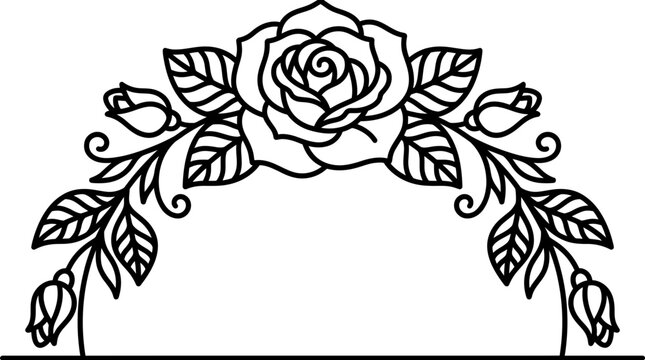 Elegant black line art illustration of a blooming rose with leaves and buds in a decorative arch design, ideal for floral invitation cards, wedding stationery and artistic tattoo stencil