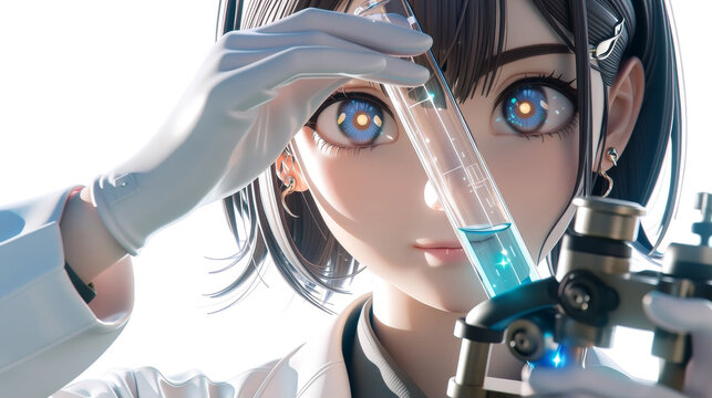 Anime Style Young Female Scientist Conducting Research with a Test Tube and Blue Liquid in a Modern Laboratory, Scientific Discovery and Biotechnology Concept Art