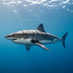 Fototapeta premium Great White Shark Swimming in Deep Blue Ocean Waters.