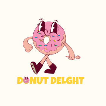 Print Cute hand drawn retro mascot donut character logo for bakery or dessert brand with text donut delight
