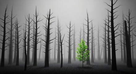 Obraz premium A lone green sapling thrives amidst a desolate forest of dead trees.