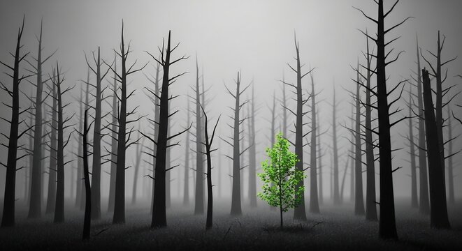 A lone green sapling thrives amidst a desolate forest of dead trees.