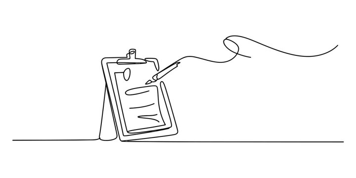 A single continuous line drawing of a clipboard with a pen being used for notes and documentation Vector, illustration