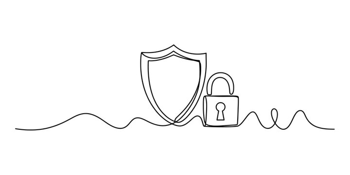 A single continuous line drawing of a protective shield and a secure padlock for data safety Vector, illustration