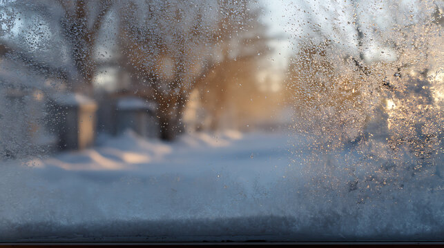 Winter morning landscape seen through frosty window glass, bokeh effect, warm sunlight, cold weather concept, tranquil scene, natural patterns, seasonal beauty