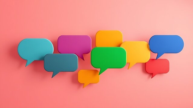 dialogue. Minimalist colorful speech bubbles on gradient backdrop, symbolizing consumer feedback concepts. pitch deck slides.