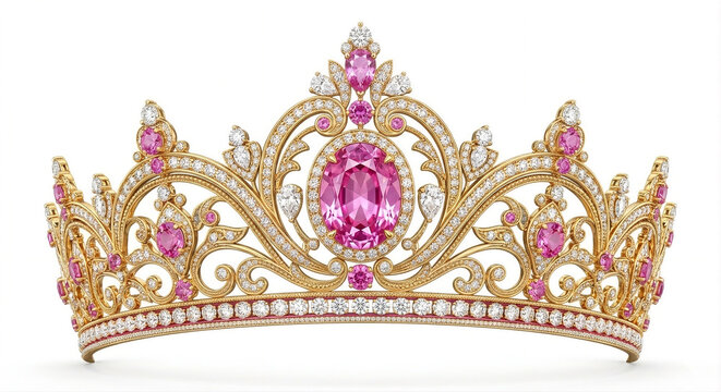 elegant gold tiara crown with large oval pink gemstone and white diamonds on white background, ideal for beauty pageant marketing, luxury jewelry shop and royal wedding branding