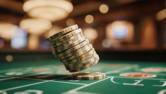 Stack of casino chips precariously balanced on a green felt table, casino backdrop