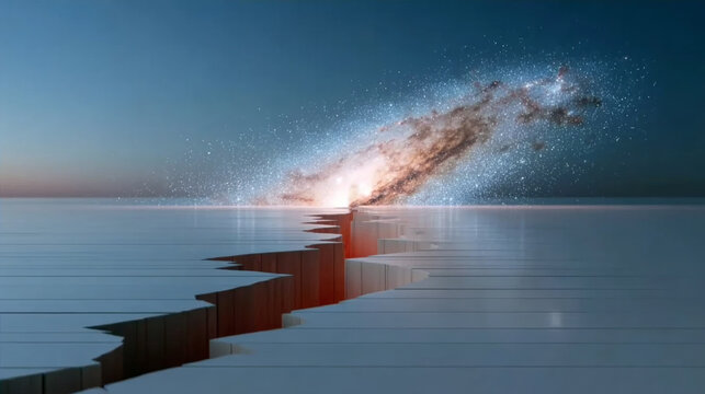 Surreal digital art of a massive crack in an arctic ice field glowing red with a spectacular galaxy nebula and starry night sky erupting over the horizon in a cinematic landscape