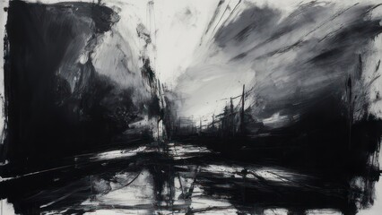 Fototapeta premium Stark monochrome abstract painting of a dark road vanishing into light, with expressionist brushstrokes