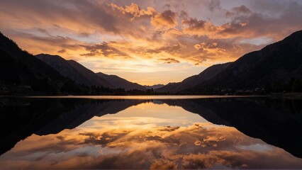 Fototapeta premium Wide Angle Landscape of Golden Sunset Reflection on Alpine Lake