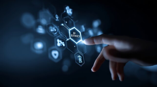 AI ethics concept with hand touching holographic interface for responsible AI governance