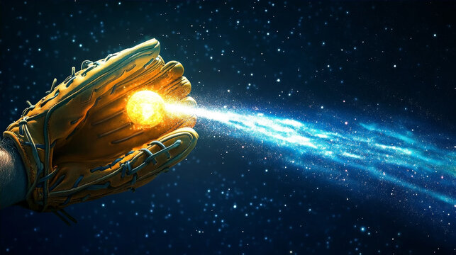 Surreal Digital Art of a Leather Baseball Glove Catching a Glowing Sun Comet in the Deep Vastness of Outer Space with Blue Cosmic Energy Trails