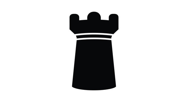 A stark black silhouette of a chess rook stands prominently against a plain white background a minimalist design silhouette