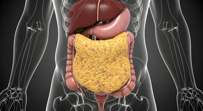 3D illustration of human abdominal organs with greater omentum
